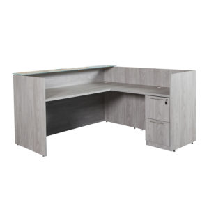 UP169180FF-GO - Ultra PREMIUM Reception Station with Glass Reception Top, Return and FF Ped - Grey Oak Finish