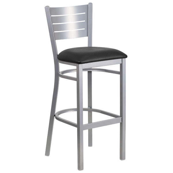 CI775BS Cafe It Cafe/Breakroom Silver Slat Back Metal Bar Stool with Black Vinyl Seat